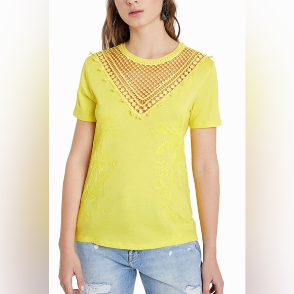 DESIGUAL | Yellow Lace Detail Embroidered Women's Top - Picture 10 of 16